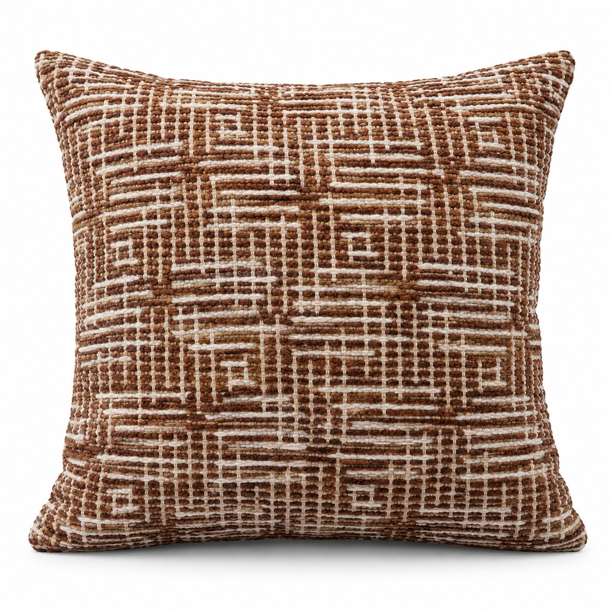 Rust brown square cushion with irregular woven look ivory grid lines