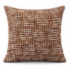 Rust brown square cushion with irregular woven look ivory grid lines