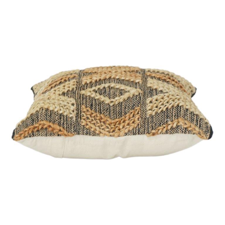 Handwoven Jute Cotton Cushion Cover with Textured Geometric Embroidery | Rustic Boho Throw Pillow Cover | 18x18 Inch - Bulk manufacturer & supplier from Panipat, India