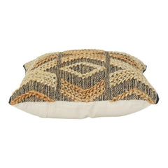 Handwoven Jute Cotton Cushion Cover with Textured Geometric Embroidery | Rustic Boho Throw Pillow Cover | 18x18 Inch
