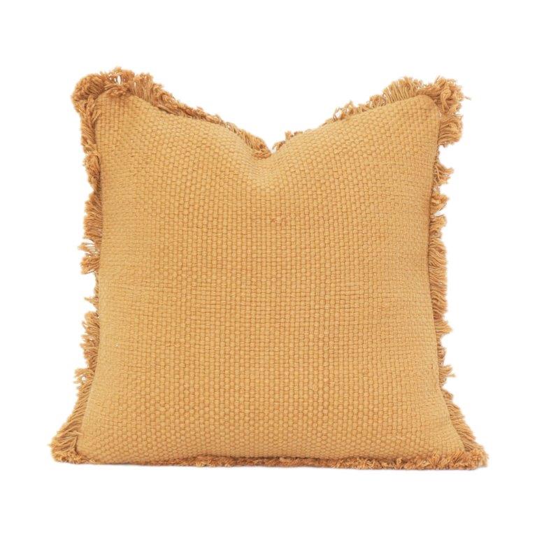 Mustard Textured Cotton Cushion Cover with Fringe Edges | Woven Solid Throw Pillow Cover | Boho Modern Décor | 18x18 Inch - Bulk manufacturer & supplier from Panipat, India