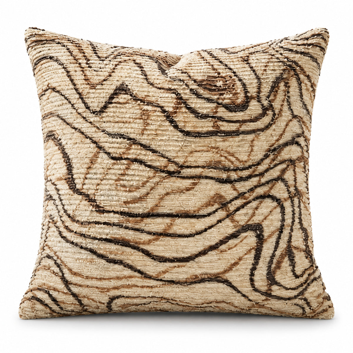 Beige square cushion with flowing black abstract wavy lines and textured look