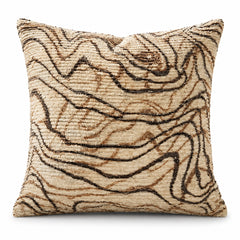 Beige square cushion with flowing black abstract wavy lines and textured look