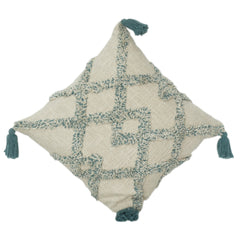 Kissenbezug aus getufteter, elfenbeinfarbener Baumwolle mit türkis/aquafarbenem geometrischem Gittermuster | Texturierter getufteter Dekokissenbezug (45x45 cm)