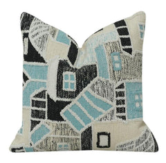 Abstract Geometric Embroidered Cotton Cushion Cover | Modern Architectural Pattern in Black & Aqua | 18x18 Inch Decorative Pillow Case