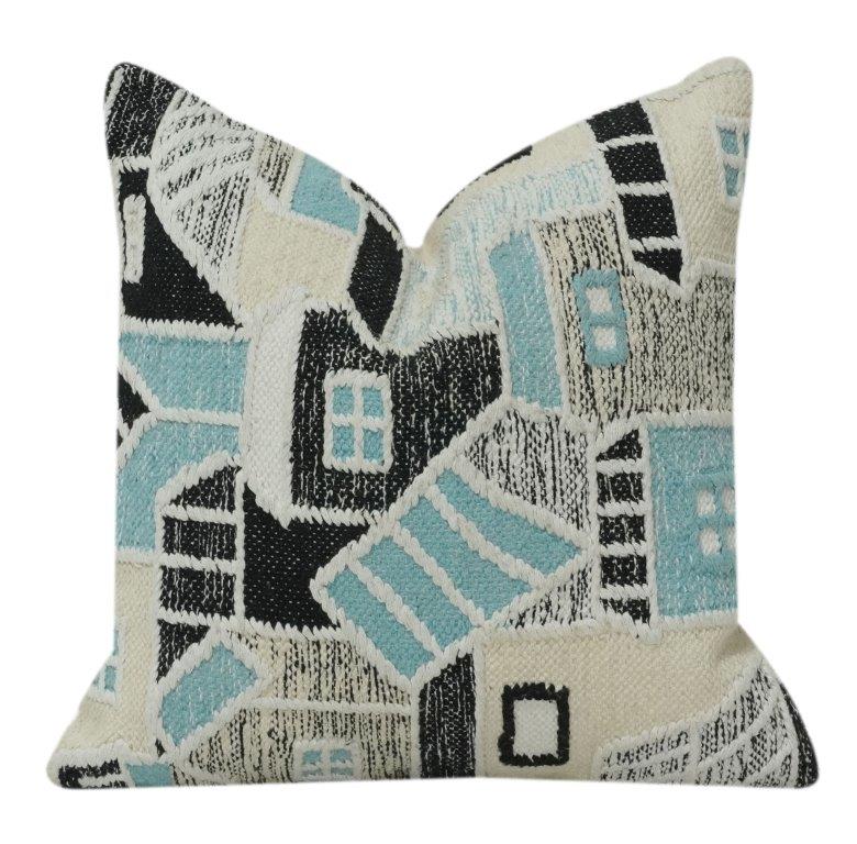 Abstract Geometric Embroidered Cotton Cushion Cover | Modern Architectural Pattern in Black & Aqua | 18x18 Inch Decorative Pillow Case