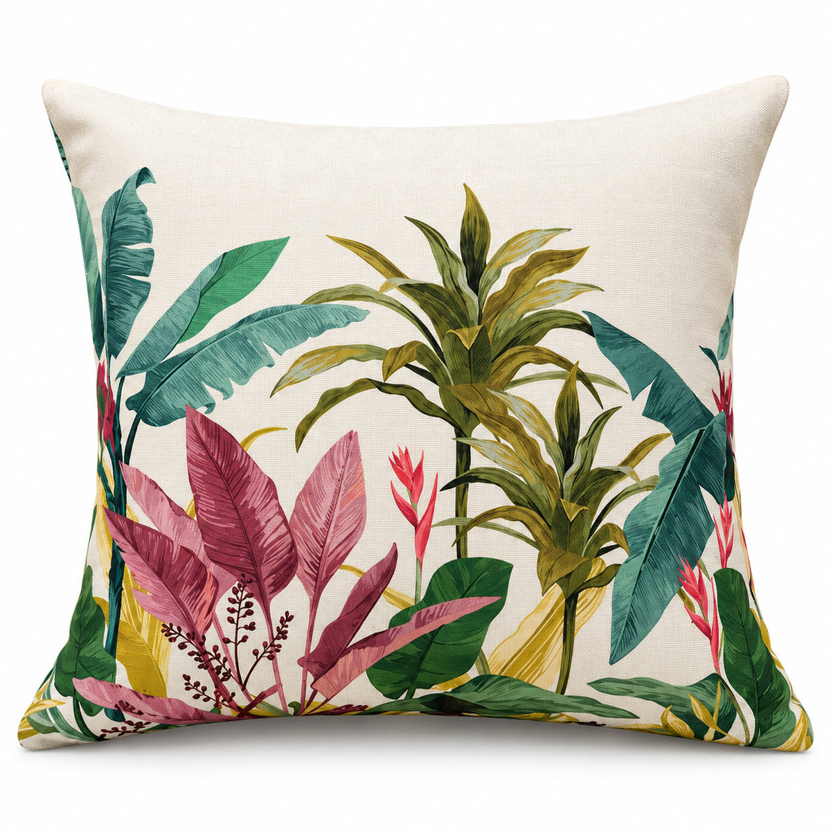 Ivory square cushion with large tropical green leaves and pink botanical floral accents