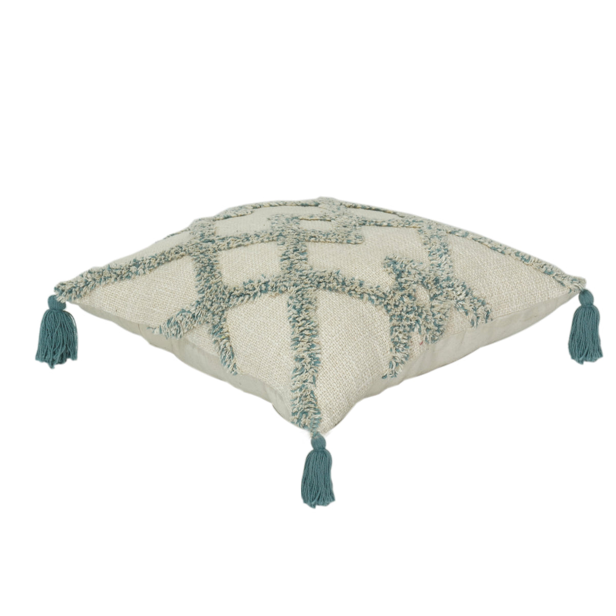 Kissenbezug aus getufteter, elfenbeinfarbener Baumwolle mit türkis/aquafarbenem geometrischem Gittermuster | Texturierter getufteter Dekokissenbezug (45x45 cm) - Bulk manufacturer & supplier from Panipat, India