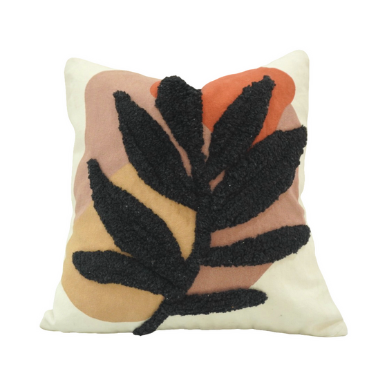Beige, Black & Terracotta Botanical Tufted-Embroidered Cotton Cushion Cover 45x45 cm