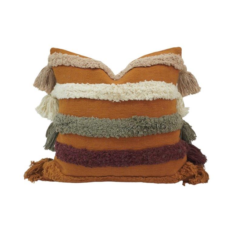 Boho Tufted Striped Cotton Cushion Cover with Tassels – 45x45 cm | Textured Handmade Decorative Pillow Cover - Bulk manufacturer & supplier from Panipat, India