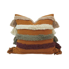 Boho Tufted Striped Cotton Cushion Cover with Tassels – 45x45 cm | Textured Handmade Decorative Pillow Cover