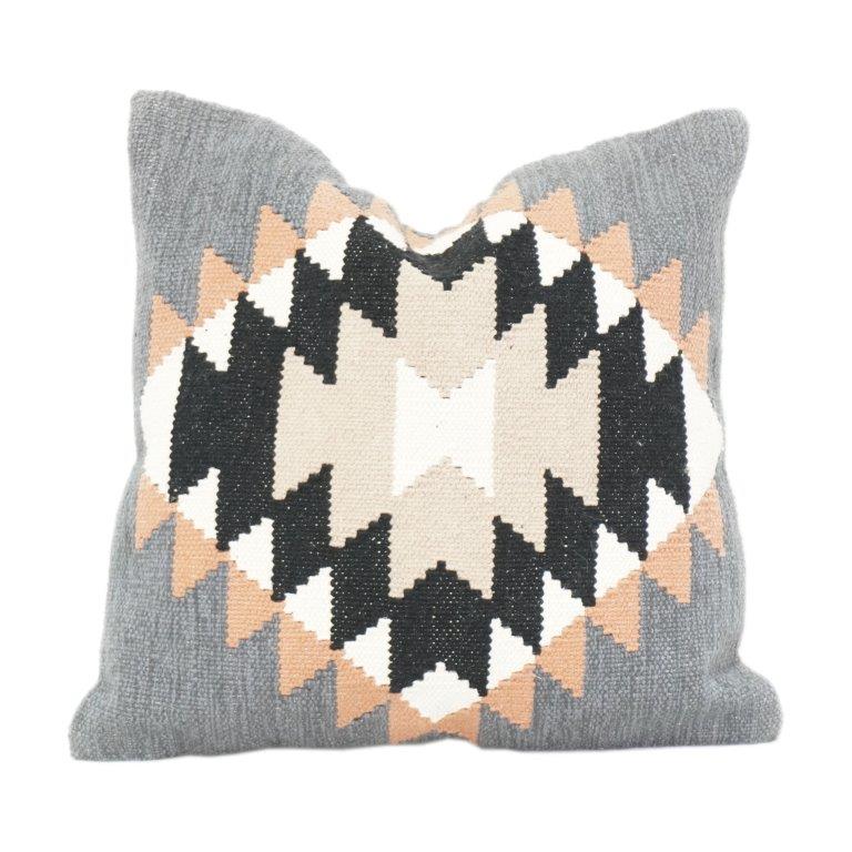 Handwoven Geometric Cotton Cushion Cover – Modern Tribal Pattern in Grey, Black & Beige (18x18 Inch) - Bulk manufacturer & supplier from Panipat, India