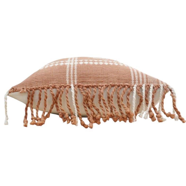 Handmade Woven Cotton Cushion Cover 45x45 cm | Boho Textured Throw Pillow Cover with Tassels | Terracotta Beige Decorative Cushion - Bulk manufacturer & supplier from Panipat, India