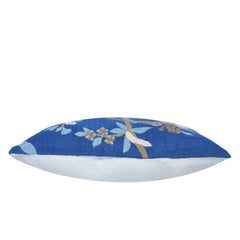 Handcrafted Printed & Embroidered Cotton Cushion Cover 45x45 cm | Blue Floral Botanical Design | Decorative Throw Pillow Cover with Hidden Zipper