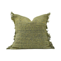 Handmade Olive Green Textured Cotton Cushion Cover with Fringe | 45x45 cm Decorative Throw Pillow