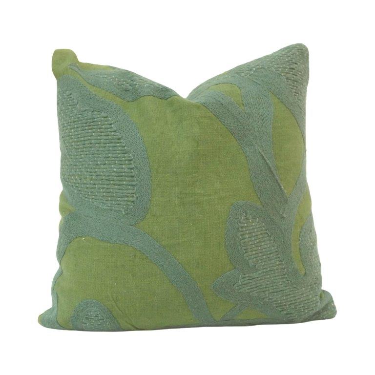 Verdant Bloom Embroidered Cotton Cushion Cover – Green Abstract Botanical Design | 45x45 cm - Bulk manufacturer & supplier from Panipat, India