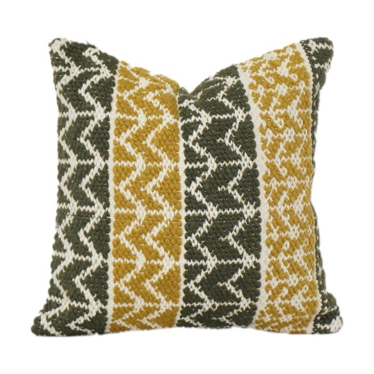 Handwoven Cotton Cushion Cover 45x45 cm – Textured Geometric Stripes in Mustard & Olive