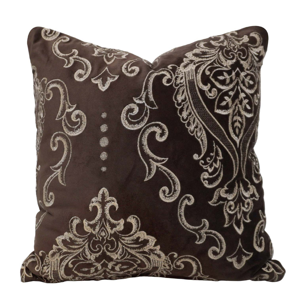 Machine Embroidered Cotton Cushion Cover 45x45 cm | Elegant Damask Floral Pattern | Decorative Throw Pillow Cover with Concealed Zipper | Brown & Beige - Bulk manufacturer & supplier from Panipat, India