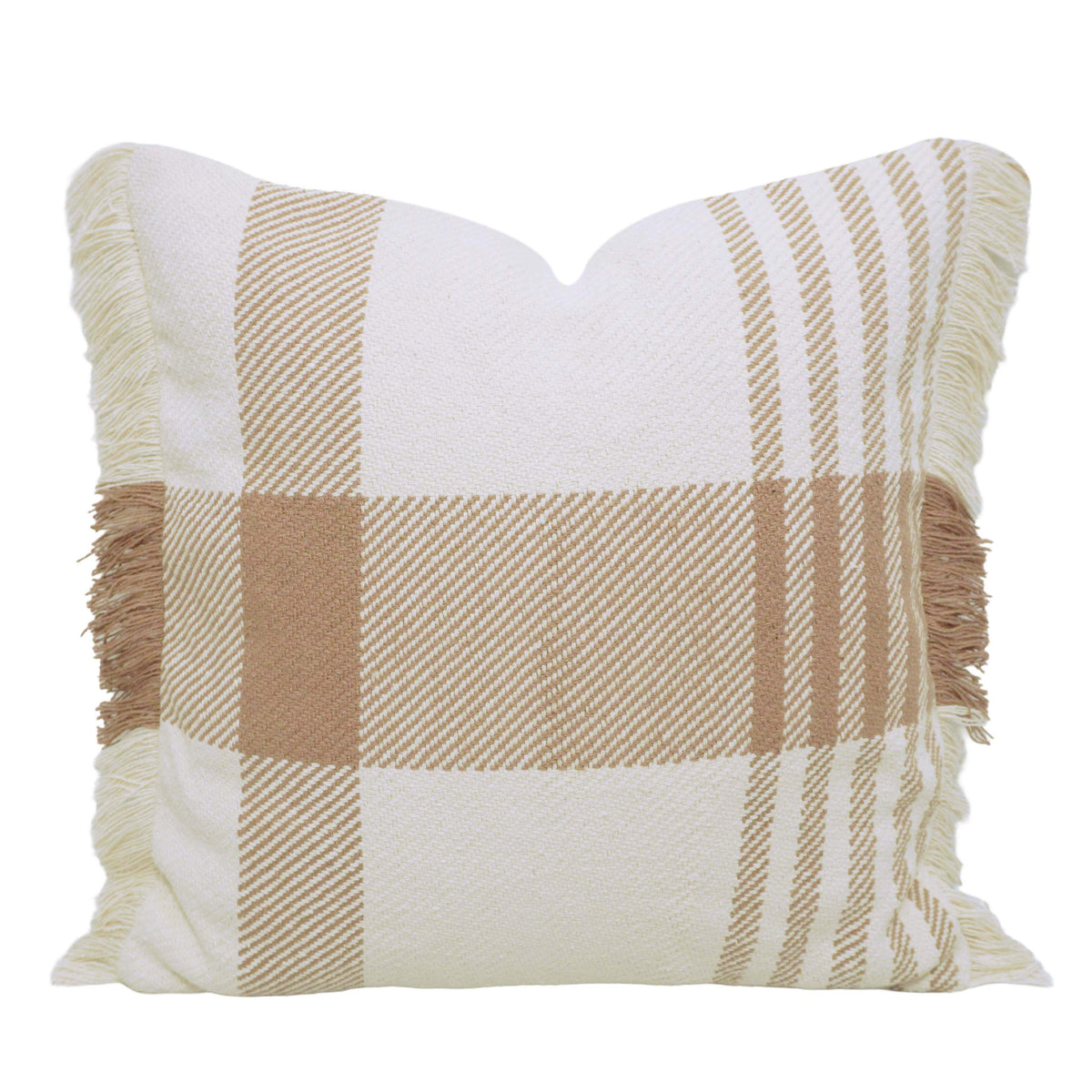 Handwoven Beige & Ivory Checkered Cushion Cover with Fringe – 45 x 45 cm