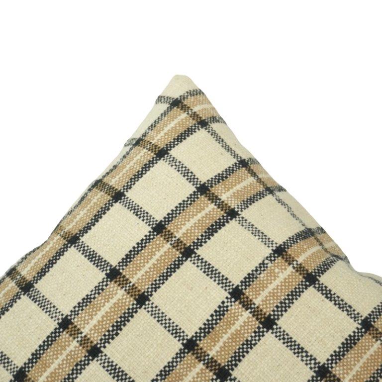 Handwoven Plaid Cotton Cushion Cover – Beige & Charcoal Check Pattern | 45x45 cm