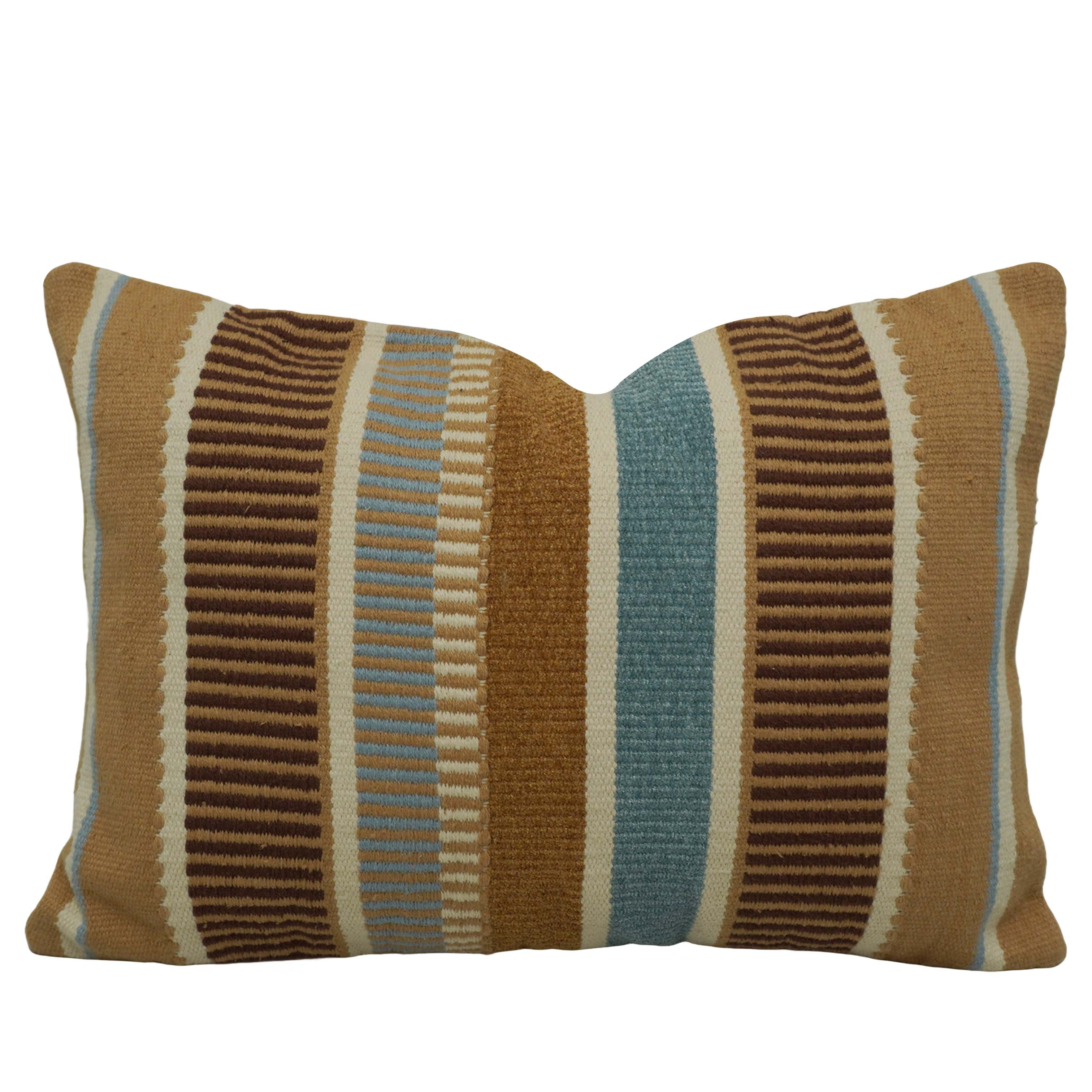 Handwoven Cotton Striped Cushion Cover 35x50 cm | Woven Lumbar Throw Pillow Cover | Blue, Brown & Beige Decorative Cushion Cover