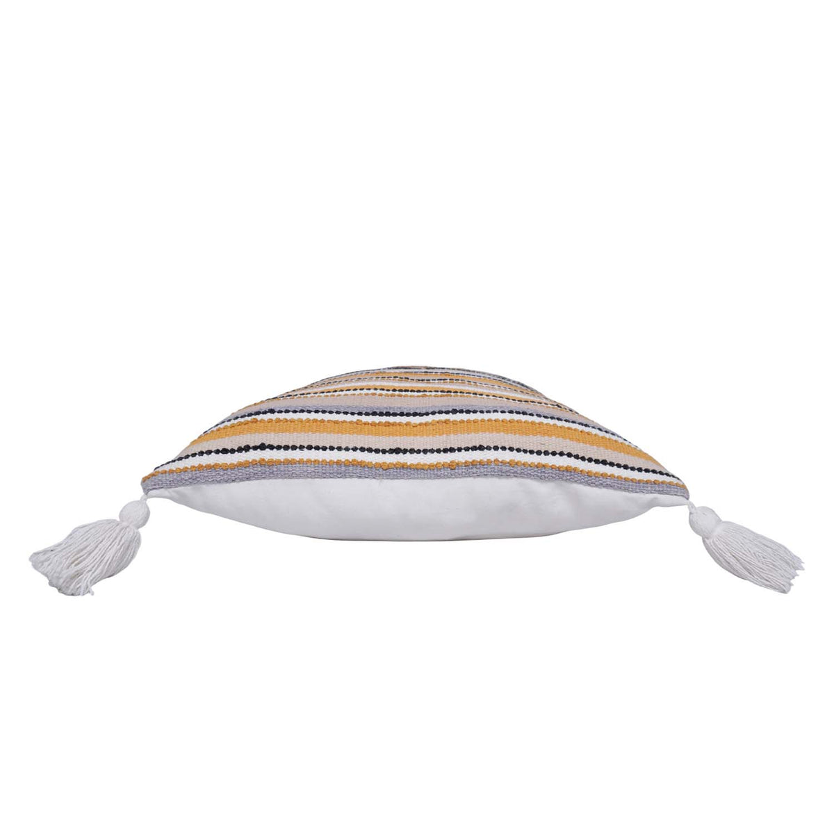 Handwoven Striped Cotton Cushion Cover with Tassels | Mustard, Beige & Grey | 45x45 cm Decorative Throw Pillow Cover - Bulk manufacturer & supplier from Panipat, India