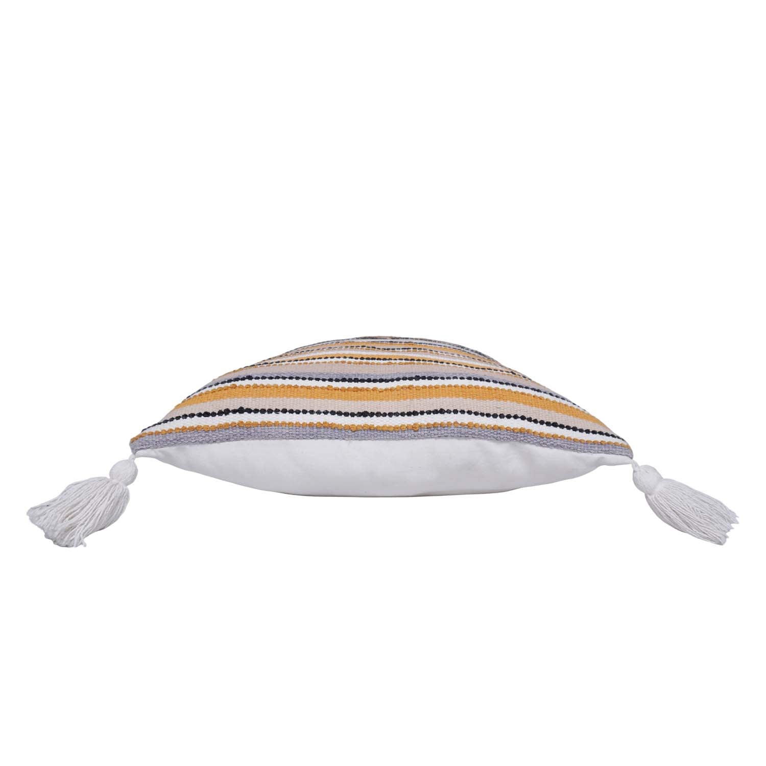 Handwoven Striped Cotton Cushion Cover with Tassels | Mustard, Beige & Grey | 45x45 cm Decorative Throw Pillow Cover