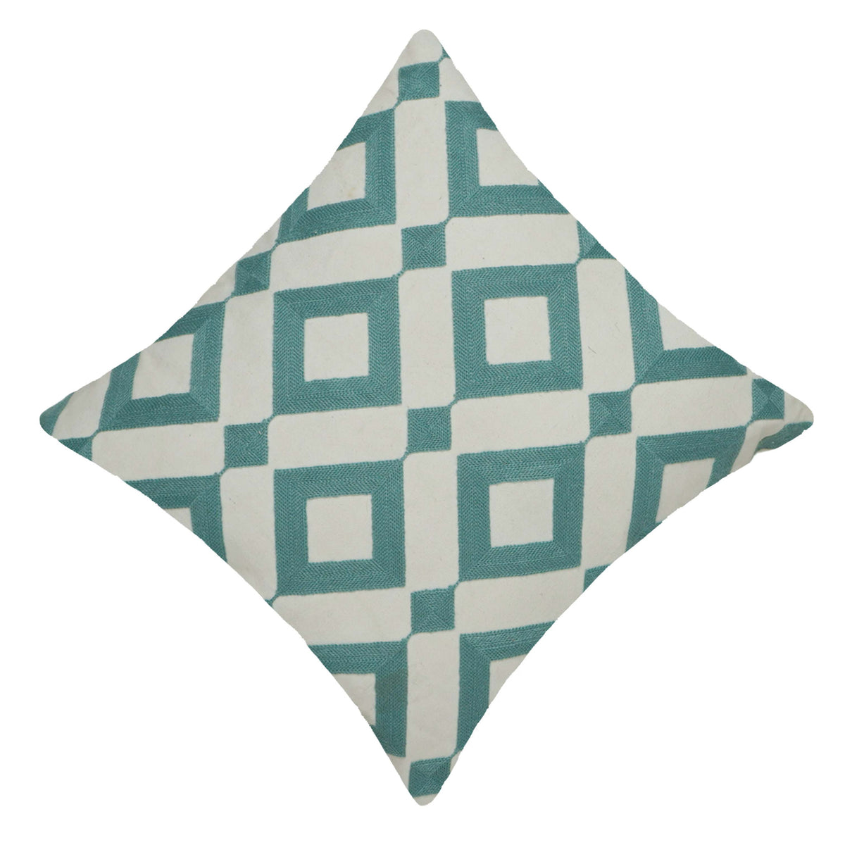 Geometric Embroidered Cotton Cushion Cover 45x45 cm | Aqua Blue & Ivory Decorative Throw Pillow Cover | Modern Diamond Pattern | Hidden Zip