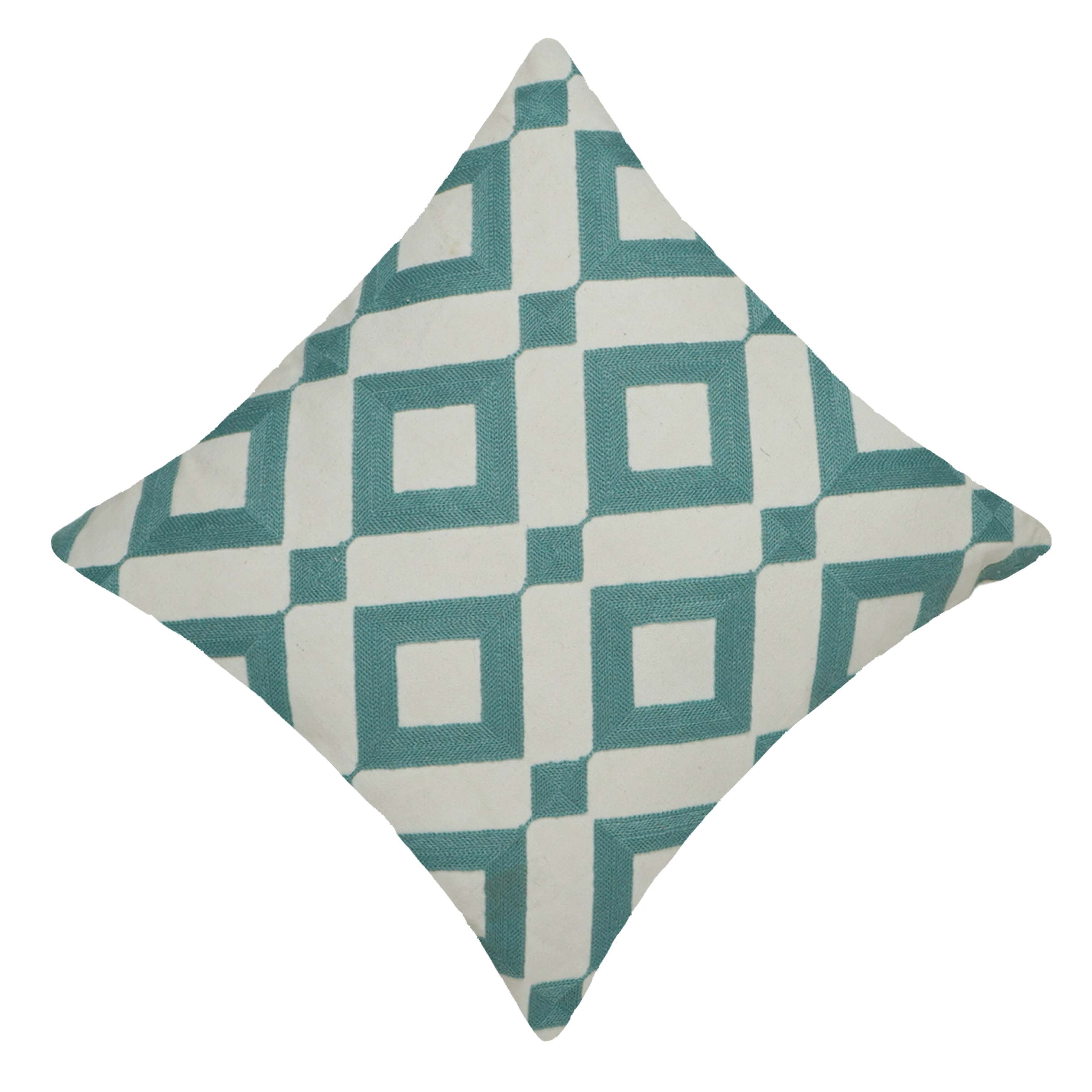 Geometric Embroidered Cotton Cushion Cover 45x45 cm | Aqua Blue & Ivory Decorative Throw Pillow Cover | Modern Diamond Pattern | Hidden Zip