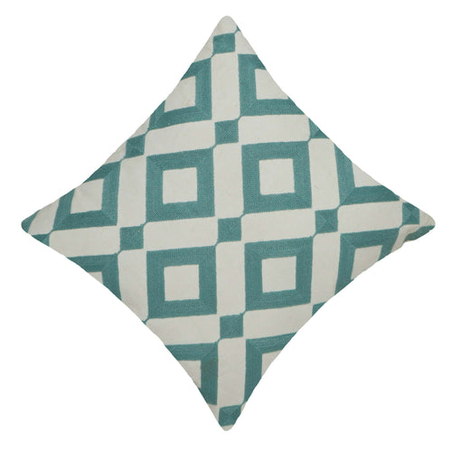 Geometric Embroidered Cotton Cushion Cover 45x45 cm | Aqua Blue & Ivory Decorative Throw Pillow Cover | Modern Diamond Pattern | Hidden Zip