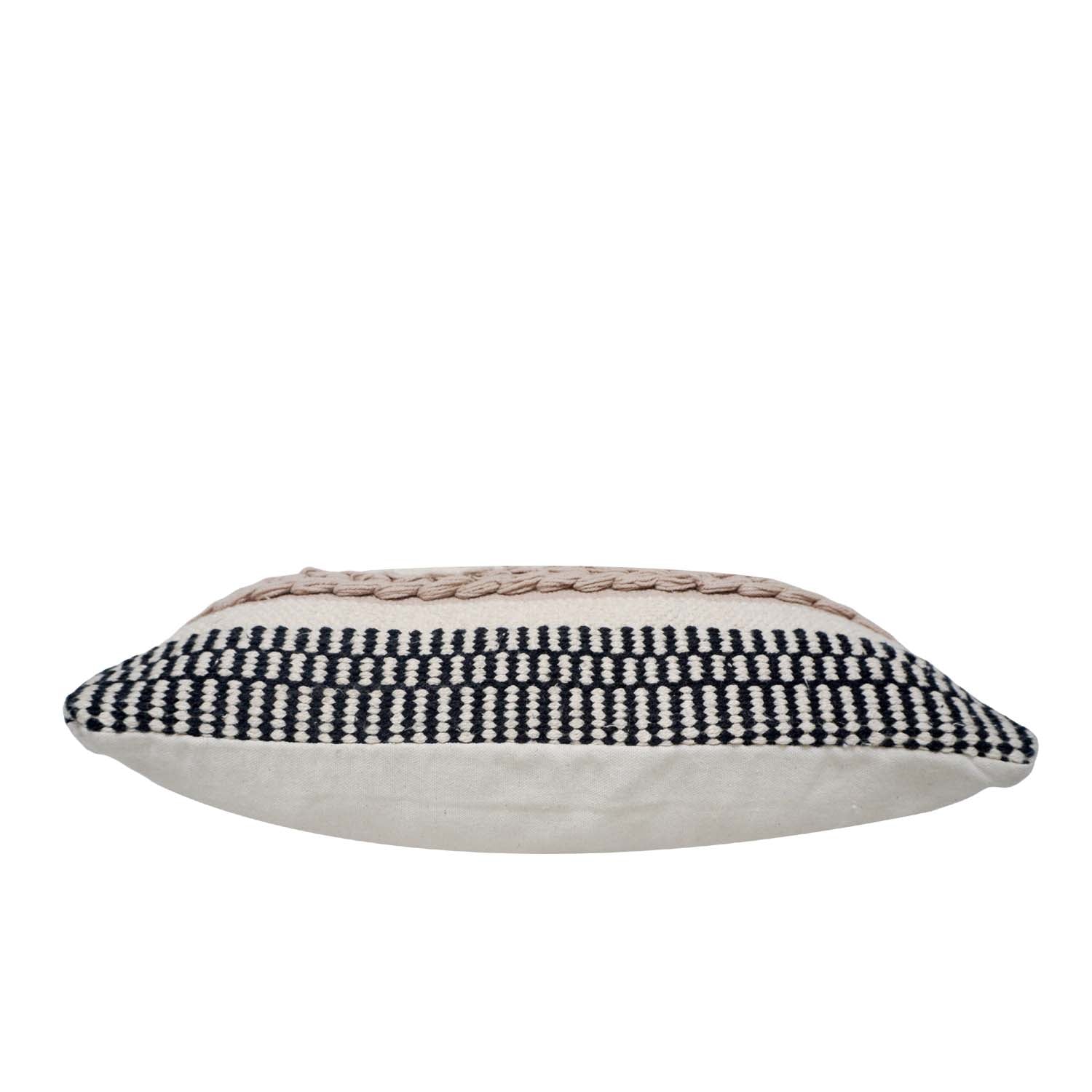 Handmade Cotton Woven Cushion Cover 45x45 cm | Black & Ivory Textured Boho Decorative Pillow Cover | Geometric Chevron Design | Hidden Zipper