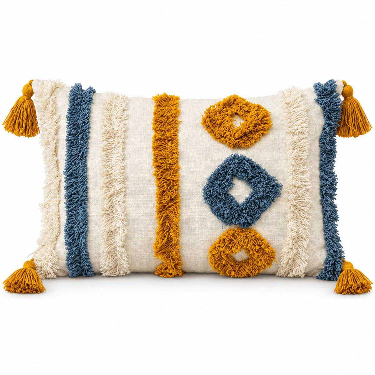 Ivory rectangular lumbar cushion with navy blue and mustard textured looking tribal accents and corner tassels