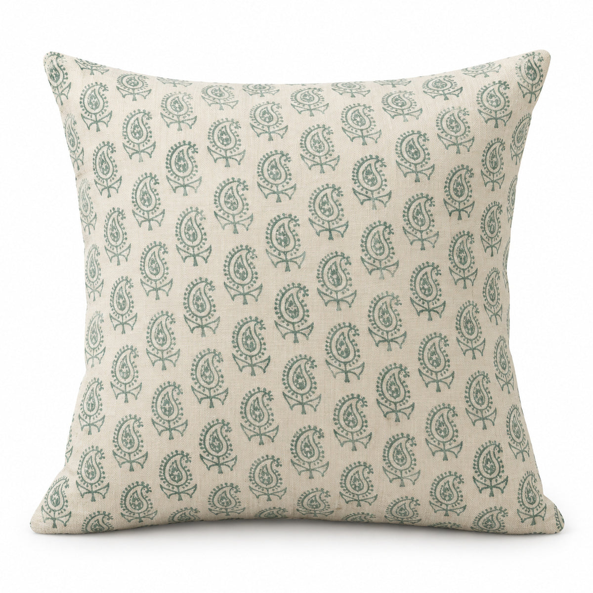 Ivory square cushion with repeating delicate sage green paisley botanical motifs