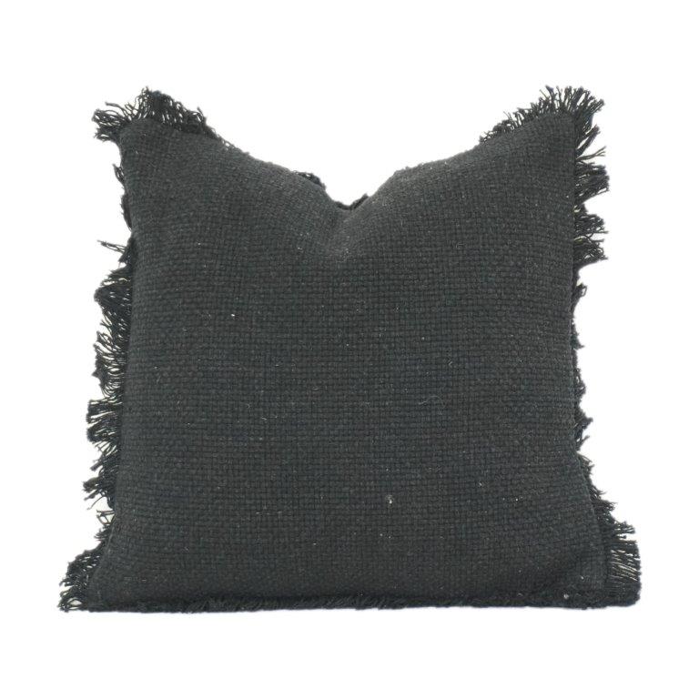 Handwoven Black Cotton Cushion Cover with Fringed Edges | Textured Boho Throw Pillow Cover | 18x18 Inch - Bulk manufacturer & supplier from Panipat, India