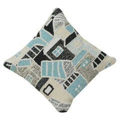 Abstract Geometric Embroidered Cotton Cushion Cover | Modern Architectural Pattern in Black & Aqua | 18x18 Inch Decorative Pillow Case