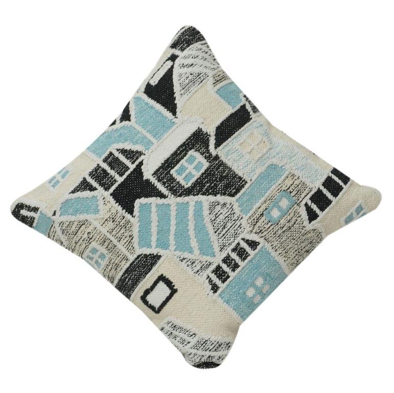 Abstract Geometric Embroidered Cotton Cushion Cover | Modern Architectural Pattern in Black & Aqua | 18x18 Inch Decorative Pillow Case