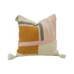 Modern Abstract Handwoven Cotton Cushion Cover with Tassels – 45x45 cm | Blush Pink & Mustard Geometric Design