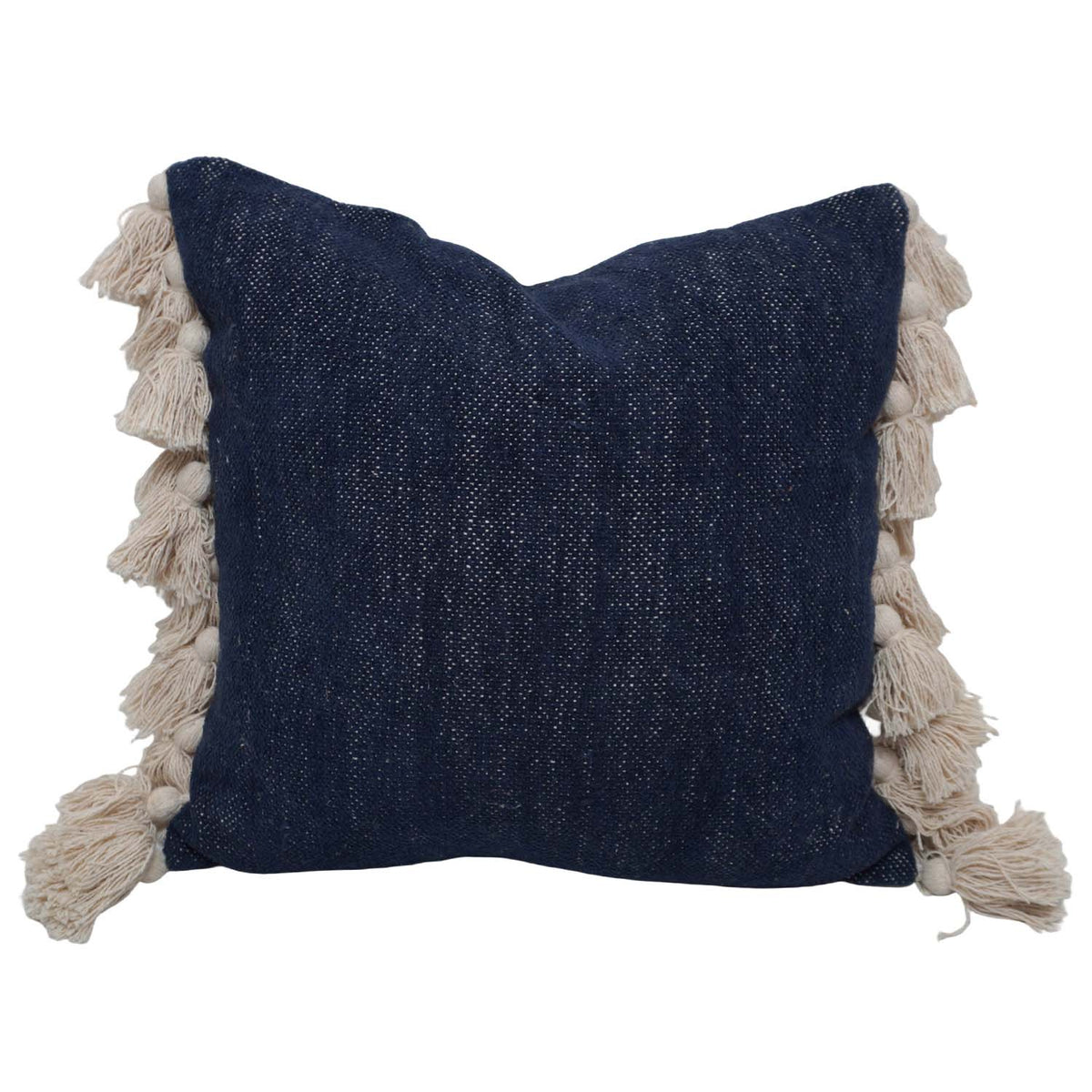 Handwoven Cotton Cushion Cover with Tassel Fringe | Navy Blue Decorative Throw Pillow Cover | Boho Farmhouse Cushion Cover | 45x45 cm (18x18 Inch) - Bulk manufacturer & supplier from Panipat, India