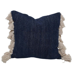 Handwoven Cotton Cushion Cover with Tassel Fringe | Navy Blue Decorative Throw Pillow Cover | Boho Farmhouse Cushion Cover | 45x45 cm (18x18 Inch)
