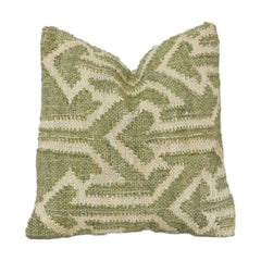 Handwoven Jute Cushion Cover – Green Geometric Tribal Pattern | Textured Boho Decorative Pillow Case | 18x18 Inch