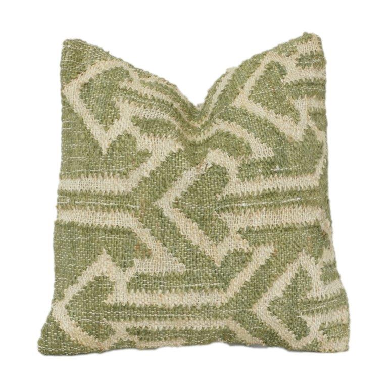 Handwoven Jute Cushion Cover – Green Geometric Tribal Pattern | Textured Boho Decorative Pillow Case | 18x18 Inch