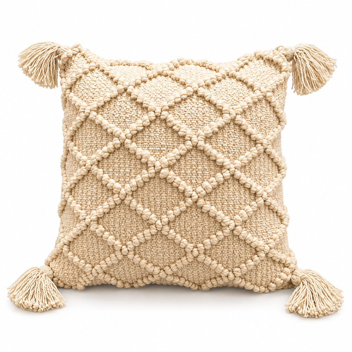 Cream and beige square cushion with raised looking diamond lattice and large corner tassels