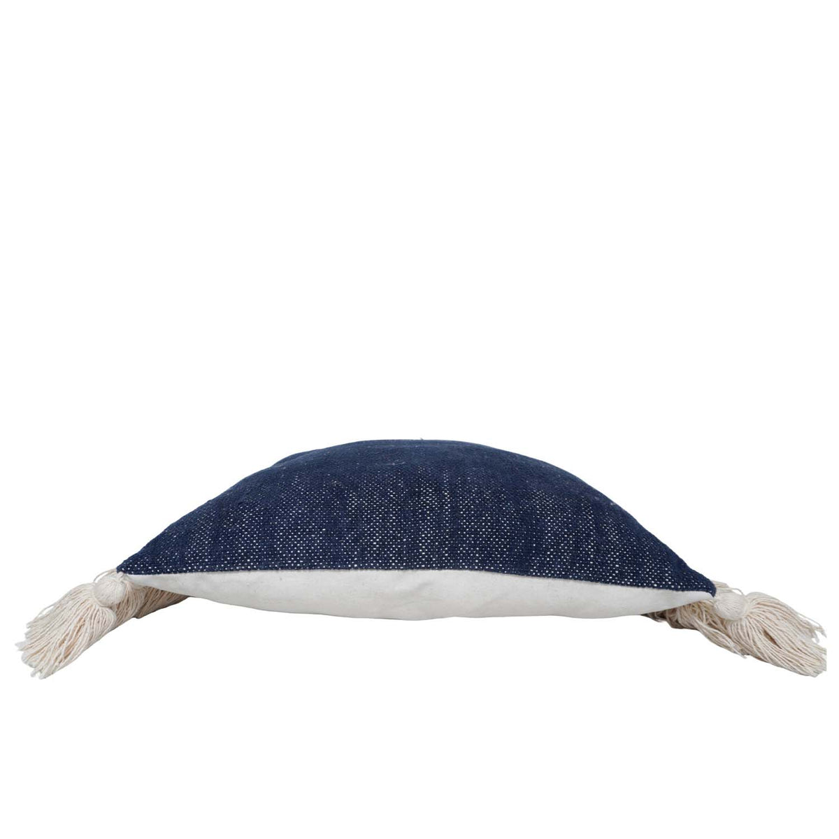 Handwoven Cotton Cushion Cover with Tassel Fringe | Navy Blue Decorative Throw Pillow Cover | Boho Farmhouse Cushion Cover | 45x45 cm (18x18 Inch) - Bulk manufacturer & supplier from Panipat, India
