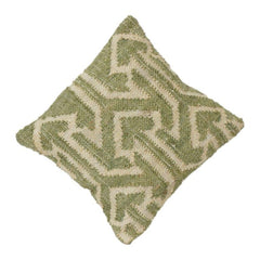 Handwoven Jute Cushion Cover – Green Geometric Tribal Pattern | Textured Boho Decorative Pillow Case | 18x18 Inch