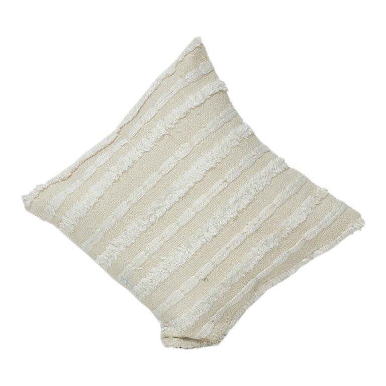 Handmade Textured Cotton Cushion Cover 45x45 cm | Boho Cream Fringe Pillow Cover | Woven Decorative Cushion - Bulk manufacturer & supplier from Panipat, India