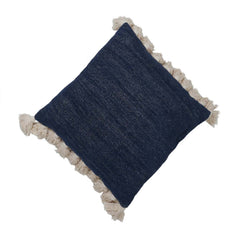 Handwoven Cotton Cushion Cover with Tassel Fringe | Navy Blue Decorative Throw Pillow Cover | Boho Farmhouse Cushion Cover | 45x45 cm (18x18 Inch)