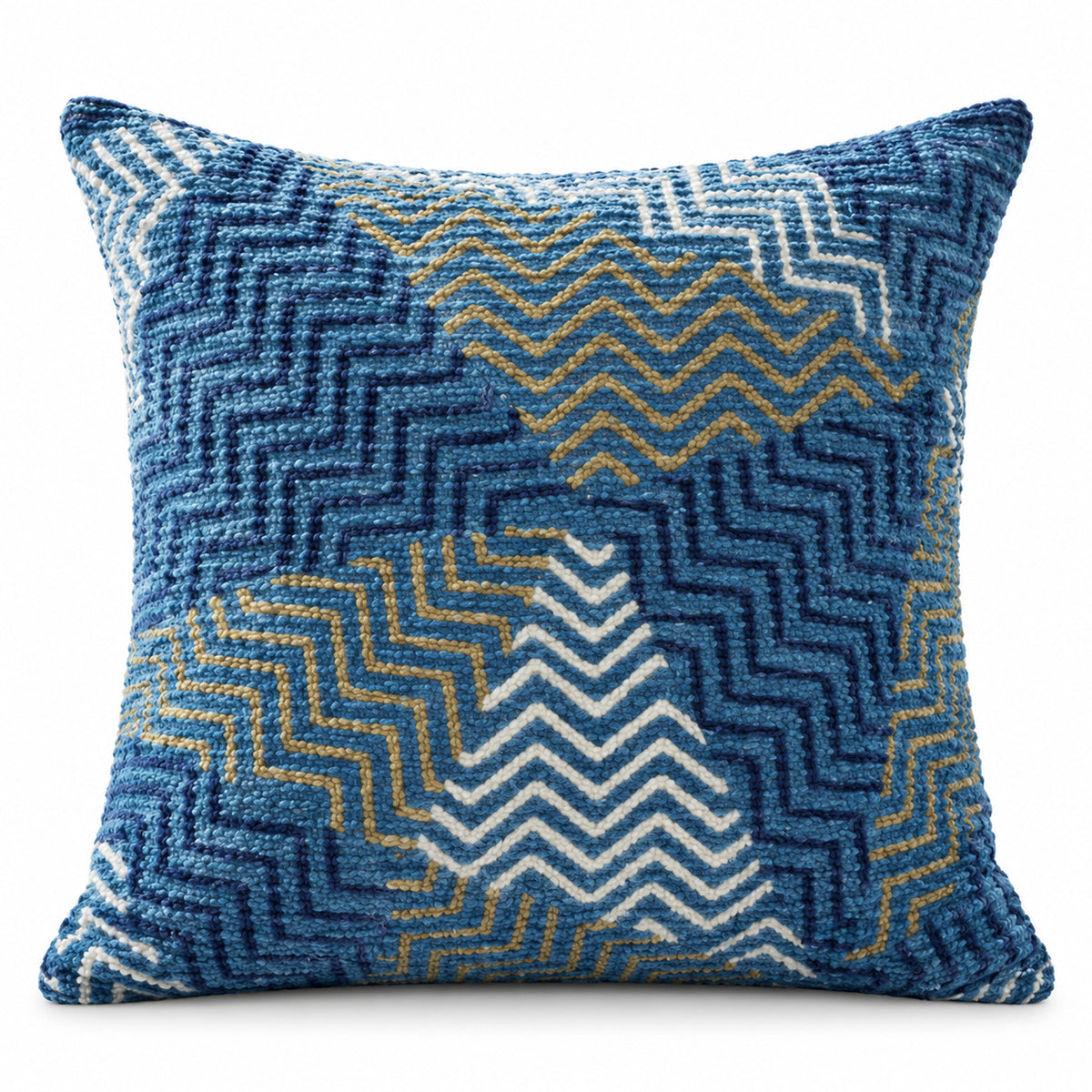 Indigo blue square cushion with dense chevron zigzag pattern and mustard line accents