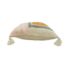 Modern Abstract Handwoven Cotton Cushion Cover with Tassels – 45x45 cm | Blush Pink & Mustard Geometric Design