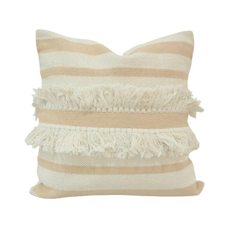 Handmade Cotton Striped Fringe Cushion Cover 45x45 cm | Boho Textured Throw Pillow Cover in Beige & Ivory - Bulk manufacturer & supplier from Panipat, India