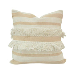 Handmade Cotton Striped Fringe Cushion Cover 45x45 cm | Boho Textured Throw Pillow Cover in Beige & Ivory